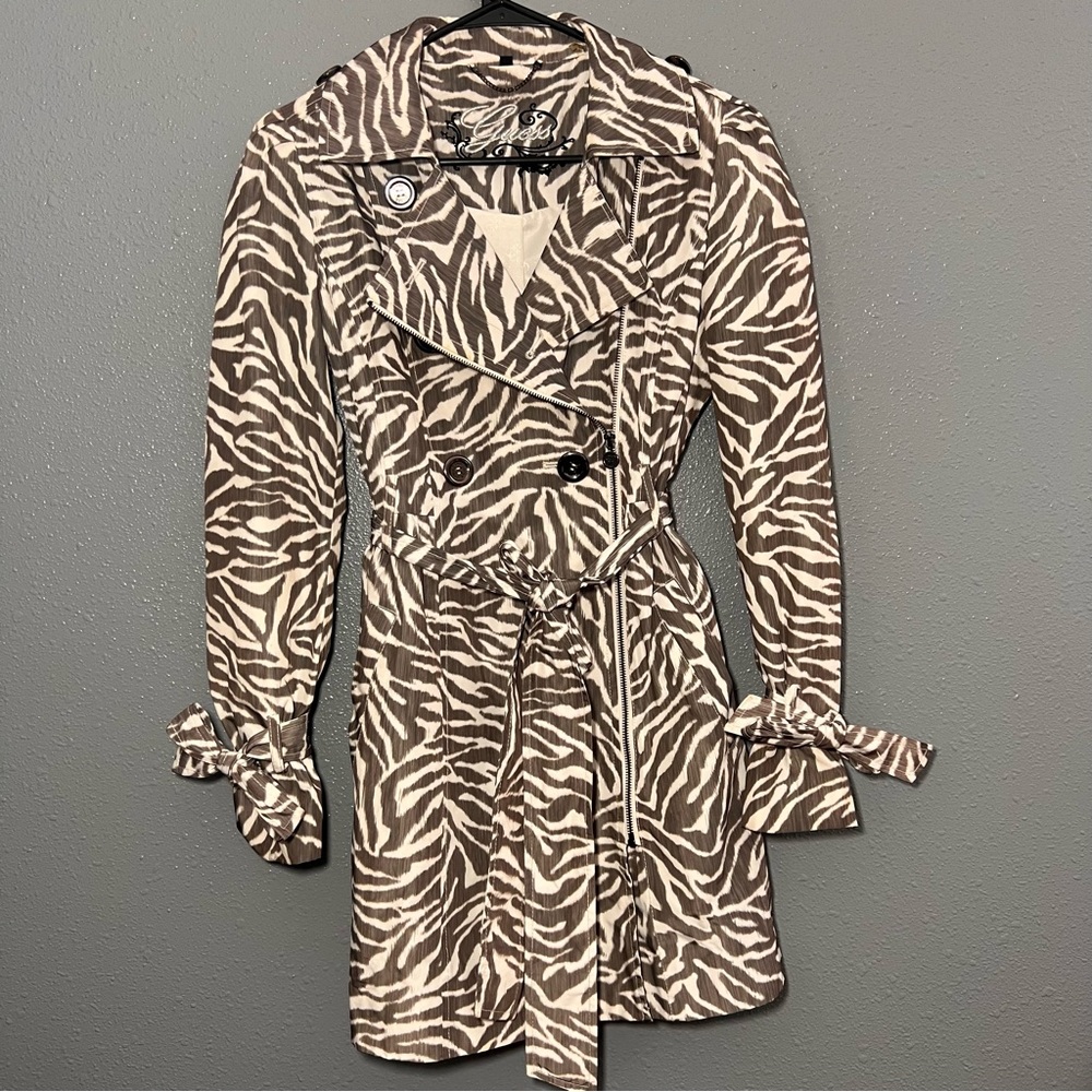 Guess Trench Coat Pea Coat Zebra Print Size Small Tie Waist and Wrist Detail